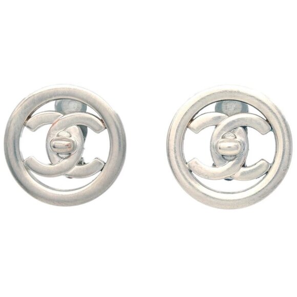 Chanel Turnlock Button Earrings Clip-On Silver 97P - Picture 1 of 4